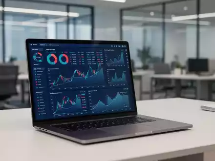 Ein Laptop-Bildschirm zeigt komplexe Finanzdaten-Charts und analytische Visualisierungen in einem modernen Büro. - Foto: über boerse-global.de