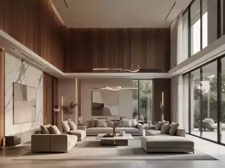Heller, minimalistischer Wohnraum mit Walnussholz und bodentiefen Fenstern in einer modernen Architektur. - Foto: über boerse-global.de