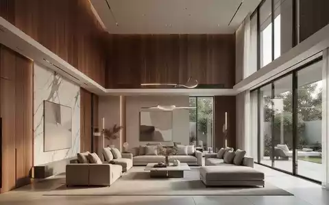 Heller, minimalistischer Wohnraum mit Walnussholz und bodentiefen Fenstern in einer modernen Architektur. - Foto: über boerse-global.de