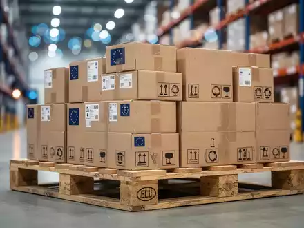 Gestapelte Waren auf einer Palette in einem Lagerhaus als Symbol für die EU-Verpackungsverordnung und Importvorschriften. - Foto: über boerse-global.de