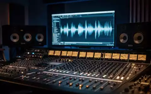 Ein professionelles Musikstudio-Mischpult mit leuchtenden Lichtern und digitalen Wellenformen, das rechtliche KI-Musikstreitigkeiten darstellt. - Foto: über boerse-global.de