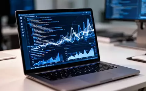 Nahaufnahme eines Laptop-Bildschirms mit Softwarecode und Systemleistungsmetriken für Betriebssystem-Updates. - Foto: über boerse-global.de