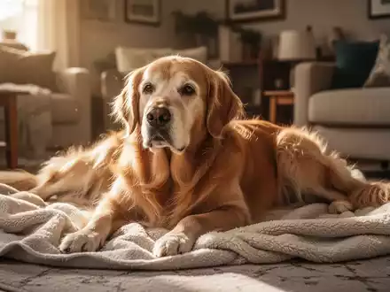 Ein entspannter, älterer Hund liegt auf einer weichen Decke in einem sonnendurchfluteten Raum. - Foto: über boerse-global.de