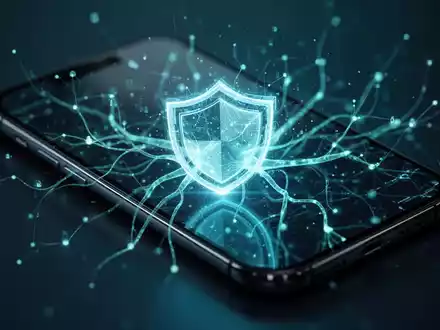 Abstraktes digitales Schutzschild-Symbol auf einem Smartphone-Bildschirm visualisiert KI-basierte Cybersicherheit. - Foto: über boerse-global.de
