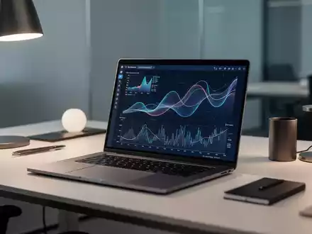 Moderner Büroarbeitsplatz mit Laptop und Datenvisualisierungen zur Darstellung von KI-gestützter Produktivität. - Foto: über boerse-global.de