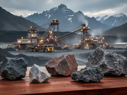 Nahaufnahme von Wolfram-Erzproben vor einer modernen Bergbauanlage in einer Berglandschaft. - Foto: über boerse-global.de