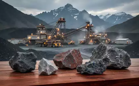 Nahaufnahme von Wolfram-Erzproben vor einer modernen Bergbauanlage in einer Berglandschaft. - Foto: ĂŒber boerse-global.de