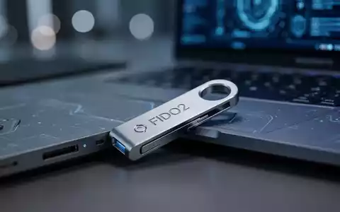 Ein moderner FIDO2-Sicherheitsschlüssel steckt in einem Laptop-USB-Anschluss vor einem verschwommenen Büro-Hintergrund. - Foto: über boerse-global.de