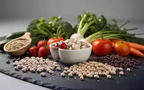 Frische, ausgewogene Lebensmittel wie Gemüse und Hülsenfrüchte auf einer dunklen Schieferplatte zur Veranschaulichung einer gesunden Proteinzufuhr. - Foto: über boerse-global.de