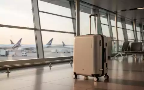 Minimalistischer Handgepäckkoffer in einer modernen, hellen Flughafen-Abflughalle. - Foto: über boerse-global.de