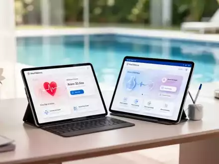 Ein Tablet mit digitaler Gesundheitsanwendung vor dem unscharfen Hintergrund eines Schwimmbeckens. - Foto: über boerse-global.de