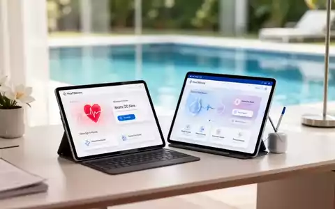 Ein Tablet mit digitaler Gesundheitsanwendung vor dem unscharfen Hintergrund eines Schwimmbeckens. - Foto: über boerse-global.de