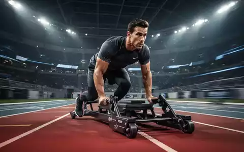 Ein Athlet beim Schlitten-Schieben auf einem professionellen Indoor-Wettkampf-Parcours unter dynamischem Hallenlicht. - Foto: über boerse-global.de