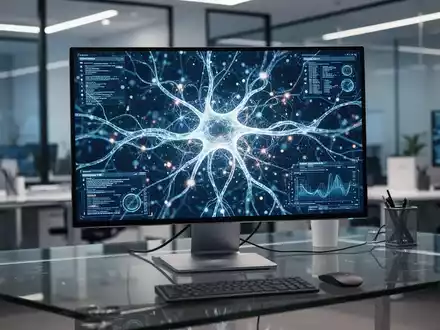Moderner Arbeitsplatz mit Monitor, der abstrakte KI-Datenvisualisierung für Unternehmenssoftware zeigt. - Foto: über boerse-global.de