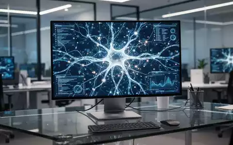 Moderner Arbeitsplatz mit Monitor, der abstrakte KI-Datenvisualisierung für Unternehmenssoftware zeigt. - Foto: über boerse-global.de