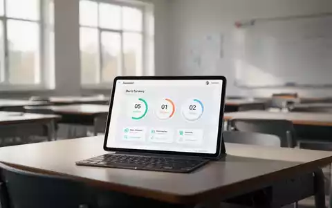 Ein Tablet mit digitaler Zeiterfassungs-App in einem modernen Klassenzimmer zur Dokumentation der Arbeitszeit von Lehrkräften. - Foto: über boerse-global.de