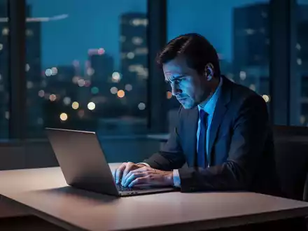 Erschöpfte Person am Schreibtisch in einem modernen Büro bei nächtlicher Beleuchtung durch einen Laptopbildschirm. - Foto: über boerse-global.de
