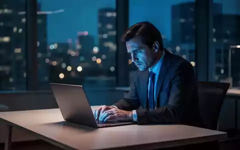 Erschöpfte Person am Schreibtisch in einem modernen BĂŒro bei nĂ€chtlicher Beleuchtung durch einen Laptopbildschirm. - Foto: ĂŒber boerse-global.de