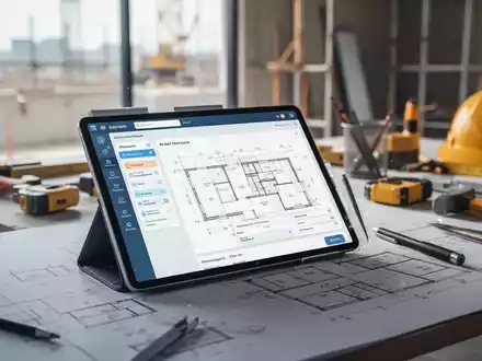 Ein Tablet mit digitalem Projektmanagement-Dashboard in einem modernen Baubüro mit Bauplänen im Hintergrund. - Foto: über boerse-global.de
