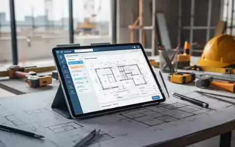 Ein Tablet mit digitalem Projektmanagement-Dashboard in einem modernen Baubüro mit Bauplänen im Hintergrund. - Foto: über boerse-global.de