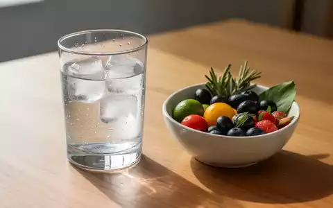 Ein Glas Wasser mit Eiswürfeln und eine kleine Schale mit frischen Lebensmitteln auf einem Holztisch bei Sonnenlicht. - Foto: über boerse-global.de