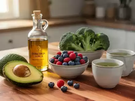 Gesunde Lebensmittel wie Avocado, Olivenöl, Brokkoli, Beeren und grüner Tee auf einem Holztisch. - Foto: über boerse-global.de