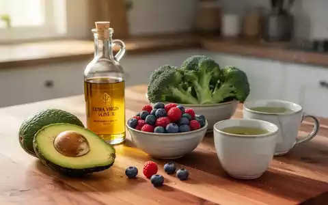 Gesunde Lebensmittel wie Avocado, Olivenöl, Brokkoli, Beeren und grüner Tee auf einem Holztisch. - Foto: über boerse-global.de