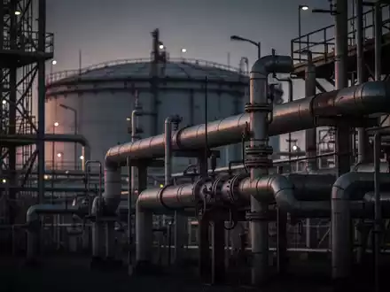 Ölraffinerie bei Dämmerung mit dunkler, stimmungsvoller Beleuchtung und industriellen Strukturen. - Foto: über boerse-global.de