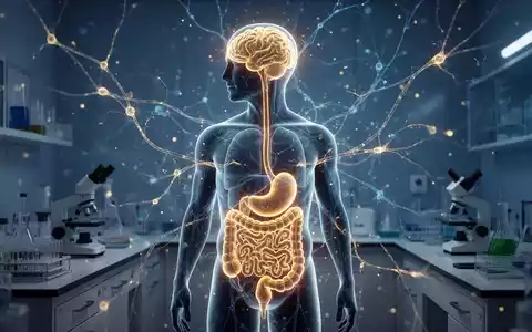 Abstrakte Darstellung der Verbindung zwischen Darm und Gehirn durch leuchtende neuronale Netzwerke in einer medizinischen Grafik. - Foto: über boerse-global.de