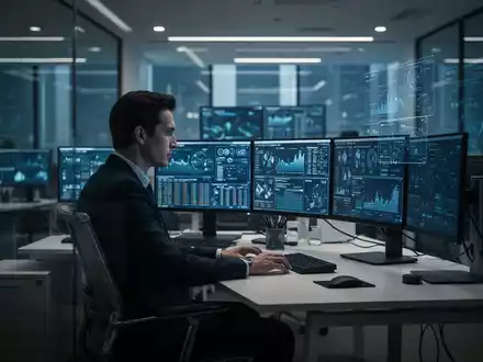 Ein konzentrierter Büroangestellter vor Computerbildschirmen in einem modernen, professionell beleuchteten Büro. - Foto: über boerse-global.de