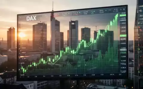 Steigender DAX-Börsenchart vor einer modernen Frankfurter Skyline bei Sonnenaufgang. - Foto: über boerse-global.de