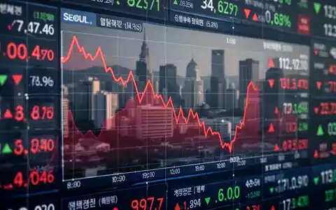 Roter Abwärtstrend an einer Finanzbörsenanzeige vor dem Hintergrund der Skyline von Seoul - Foto: über boerse-global.de
