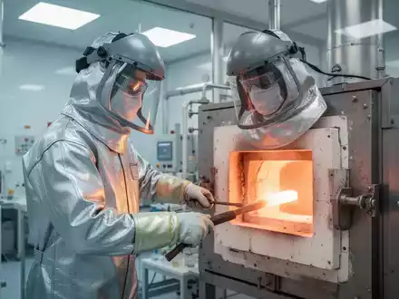 Labortechniker in hitzebeständiger Schutzkleidung und Gesichtsschutz bei der Arbeit an einem industriellen Laborofen. - Foto: über boerse-global.de