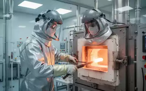 Labortechniker in hitzebeständiger Schutzkleidung und Gesichtsschutz bei der Arbeit an einem industriellen Laborofen. - Foto: über boerse-global.de