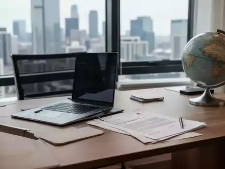 Ein moderner Homeoffice-Arbeitsplatz mit Laptop und Rechtsdokumenten vor einem Fenster, symbolisch für internationales Arbeitsrecht. - Foto: über boerse-global.de