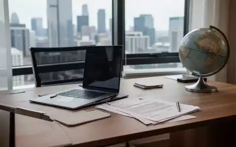 Ein moderner Homeoffice-Arbeitsplatz mit Laptop und Rechtsdokumenten vor einem Fenster, symbolisch für internationales Arbeitsrecht. - Foto: über boerse-global.de