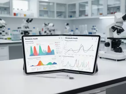 Digitale Grafiken zu Stoffwechseldaten auf einem Tablet in einem modernen medizinischen Forschungslabor. - Foto: über boerse-global.de