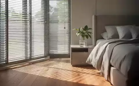 Modernes, schattiges Schlafzimmer mit natürlicher Lichtstimmung und Pflanzen als Symbol für passive Kühlung. - Foto: über boerse-global.de