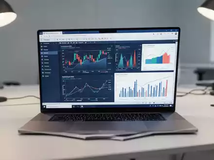 Ein moderner Laptop zeigt komplexe Finanzdaten und Diagramme auf einer PowerPoint-Folie in einem professionellen Büro. - Foto: über boerse-global.de