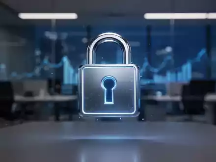 Ein glühendes digitales Vorhängeschloss vor einem unscharfen Bürohintergrund als Symbol für Cybersicherheit im Finanzwesen. - Foto: über boerse-global.de