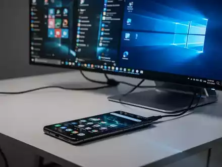 Ein Android-Smartphone, das über einen Monitor eine Windows-Desktop-Oberfläche anzeigt, um die Hardware-Emulation zu verdeutlichen. - Foto: über boerse-global.de