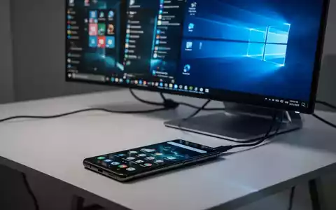 Ein Android-Smartphone, das über einen Monitor eine Windows-Desktop-Oberfläche anzeigt, um die Hardware-Emulation zu verdeutlichen. - Foto: über boerse-global.de