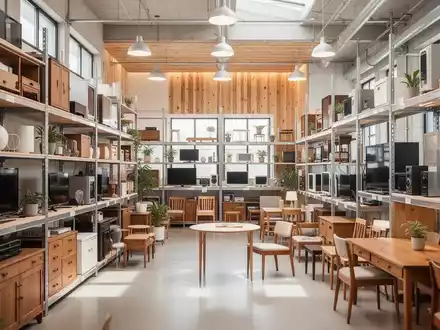 Modern eingerichtetes Zentrum fĂŒr Wiederverwendung mit ordentlich sortierten Regalen voller Secondhand-GegenstĂ€nde. - Foto: ĂŒber boerse-global.de