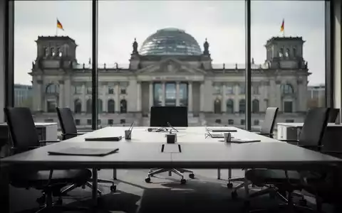 Ein moderner, leerer Büroarbeitsplatz mit dem verschwommenen Reichstagsgebäude im Hintergrund als Symbol für Rentenpolitik. - Foto: über boerse-global.de