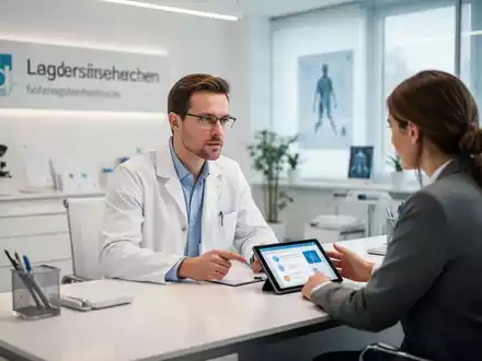 Hausarzt im Beratungsgespräch mit einem Patienten in einer modernen, hellen Praxisumgebung. - Foto: über boerse-global.de