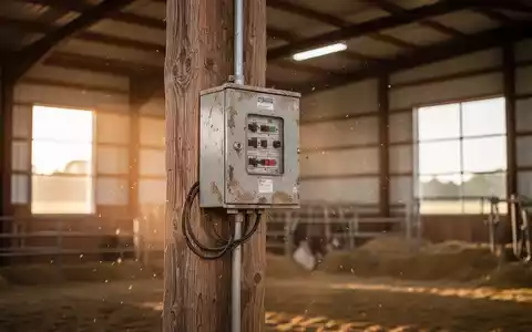 Ein alter Stromverteilerkasten in einer landwirtschaftlichen Scheune mit staubiger Umgebung und einfallendem Licht. - Foto: über boerse-global.de
