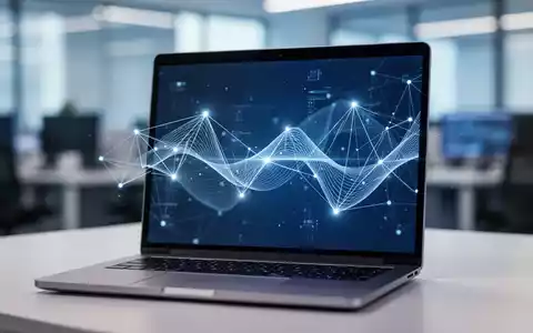 Moderner Laptop-Bildschirm mit abstrakten digitalen Daten und Netzwerkknoten in einem professionellen Büro. - Foto: über boerse-global.de