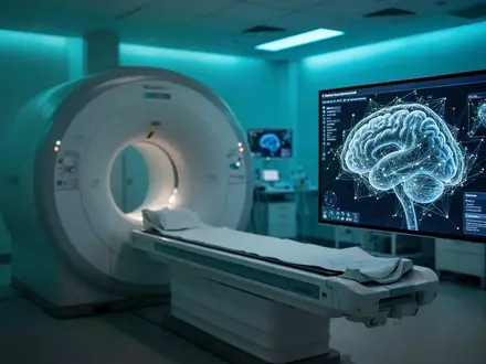 Ein moderner MRT-Scanner in einer klinischen Umgebung mit einer digitalen Darstellung einer Gehirn-Netzwerkanalyse. - Foto: über boerse-global.de
