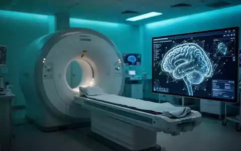 Ein moderner MRT-Scanner in einer klinischen Umgebung mit einer digitalen Darstellung einer Gehirn-Netzwerkanalyse. - Foto: über boerse-global.de