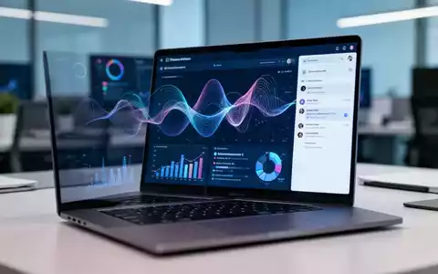 Moderner Büroarbeitsplatz mit Laptop-Bildschirm, der digitale Datenvisualisierung und Oberflächenelemente zeigt. - Foto: über boerse-global.de
